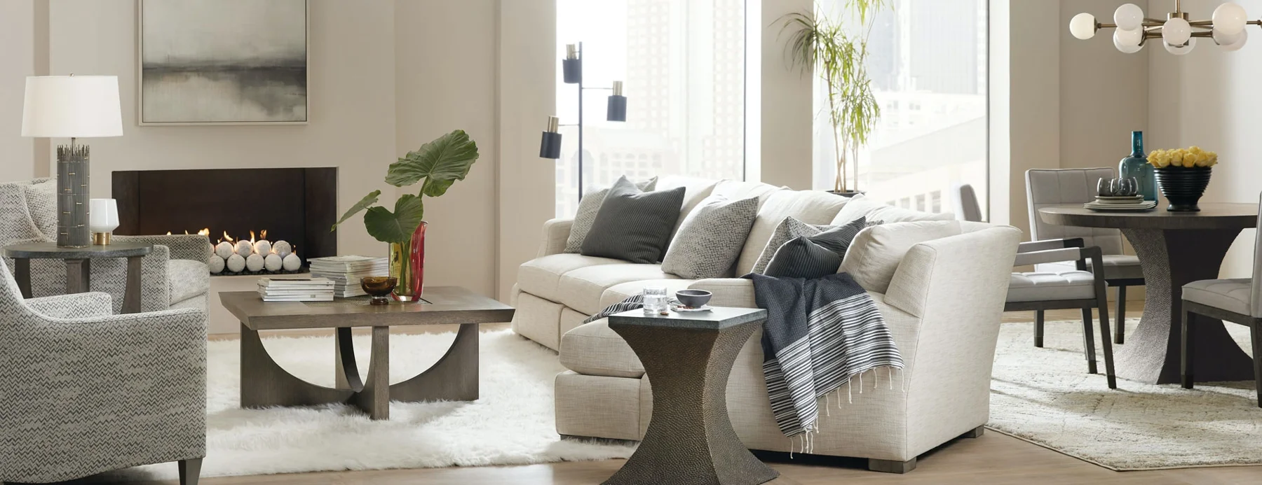 Living room seating and a sculptural cocktail table